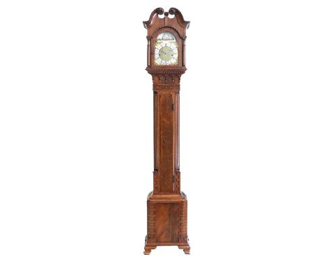 A Small Mahogany Longcase Clock, 20th Century and later, swan neck pediment, nicely figured case with fluted inset pilasters,