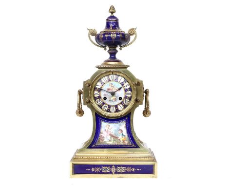 A French Gilt Metal and Blue Porcelain Mounted Striking Mantel Clock, retailed by Arnold &amp; Lewis, 7 St Anns Sq, Mancheste