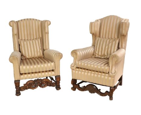 A Pair of William &amp; Mary-Style Walnut Armchairs, early 20th century, recovered in beige and gold striped fabric, with mat