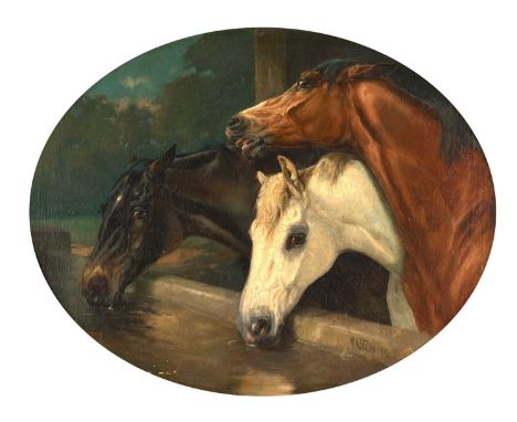 William Woodhouse (1857-1939)"Farmyard Friends"Signed, oil on canvas, 48.5cm dia. (oval)The canvas and slip are loose in the 