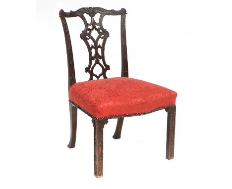 A George III Carved Mahogany Chippendale Director Period Single Dining Chair, circa 1760, recovered in modern red floral silk