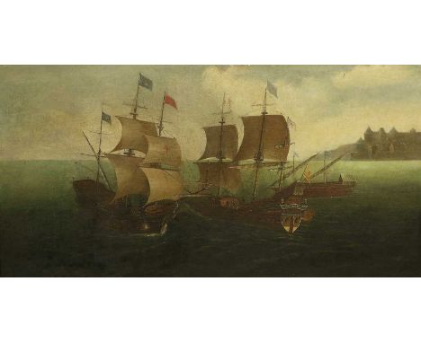 Style of Jan van Leyden (1509-1536) Dutch Warships off the coast Oil on canvas, 46.5cm by 93cm     A still lining. All keys p