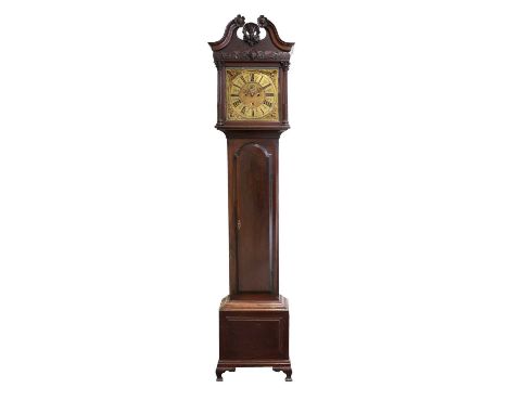 A Mahogany Eight Day Longcase Clock, swan neck pediment with carved borders, carved wooden Corinthian capped columns, arch tr