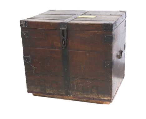 An Early 19th Century Oak and Metal-Bound Silver Chest or Travel Trunk, the hinged lid with an engraved brass plaque inscribe