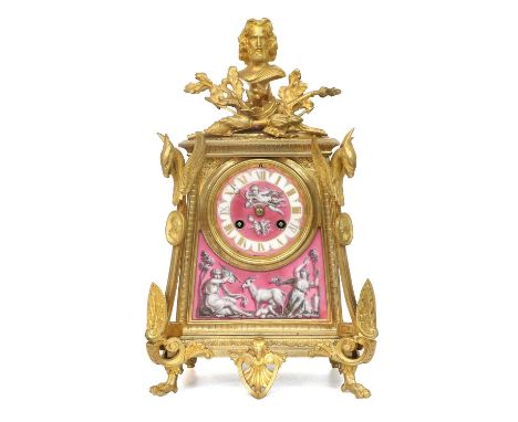 A Gilt Metal and Porcelain Mounted Striking Mantel Clock, circa 1890, case surmounted with a bust of a gentleman, pink porcel