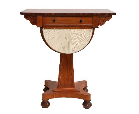 An Early Victorian Satinwood and Rosewood-Crossbanded Work Table, mid 19th century, the mahogany-lined drawer flanked by scro