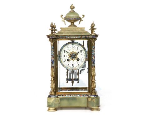 A French Champleve Enamel and Green Onyx Striking Mantel Clock, circa 1890, multi-coloured champleve enamel borders, four bev