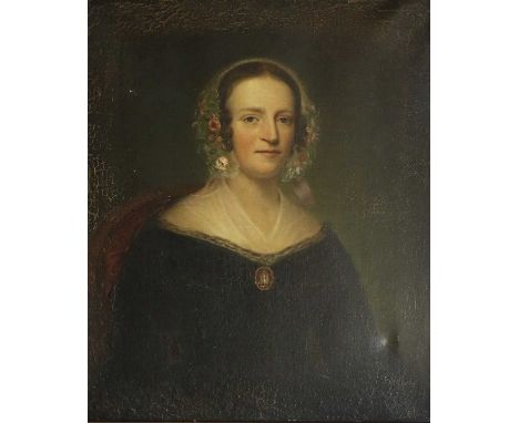 British School (19th Century) Portrait of a lady, half-length seated, wearing a white dress and a black cap decorated with fl