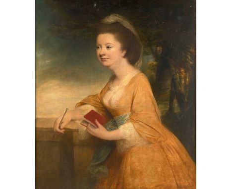 John Lucas (1807-1874) Portrait of Mrs Harvey, three quarter length, standing before a landscape, leaning on a balustrade and