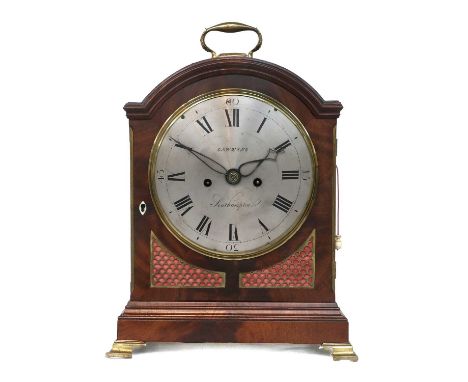 A Mahogany Striking Table Clock, Early 19th Century and Later, case with top carrying handle, side fish scale frets, ivory pu