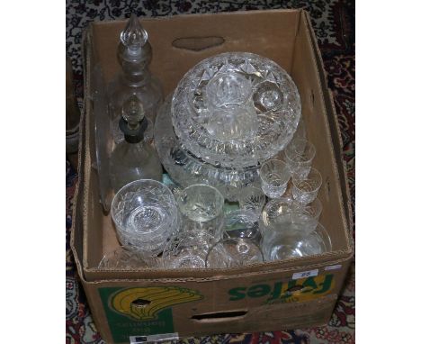 A box of cut glasswares including silver collared decanter, drinking vessel, vases, centrepieces etc.