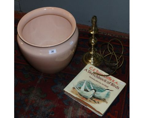 A large glazed pottery jardiniere along with a brass tablelamp and sketch book of birds by C. F. Tunnicliff R.A.