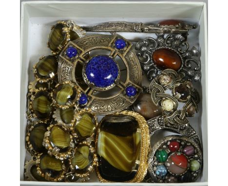 A box of vintage costume jewellery including Celtic style Scottish brooches etc.