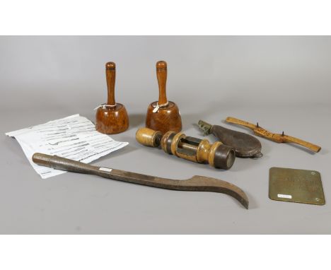 A collection of antique wooden items including a wine bottle corker, Wesleyan chapel and Sunday School ceremonial mallets, sp