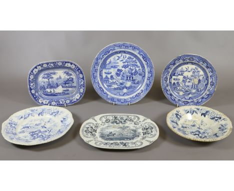 Six 19th century printed pottery plates and dishes; Brameld and Twigg. Including Don Quixote, Parroquet and willow patterns. 