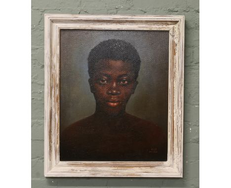 A framed oil on board portrait of a african girl monogrammed E.E.T 1966.
