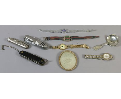 A bag of collectables to include wristwatches, penknives, caddy spoon and miniature photo frame.