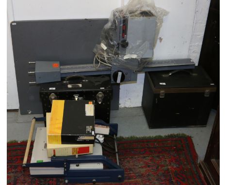 A quantity of vintage photographic equipment including; A Durst M800 enlarger and base, a Kodak carousel slide projector, Fum