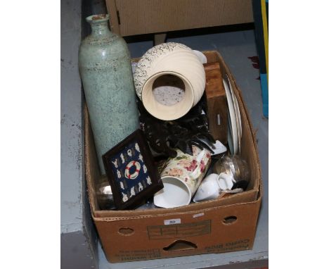 A box of miscellaneous to include Colclough part tea service, wooden carvings and ornaments etc.