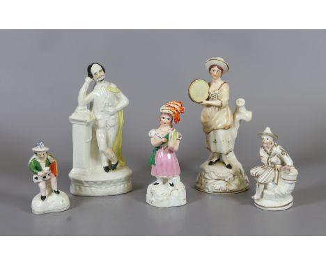 Five 19th century Staffordshire figures including a porcelaneous model of a seated Chinaman and a portrait of William Shakesp