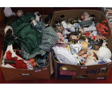 Two boxes of collectable ceramics and dolls including Goebel, tourist wares etc.