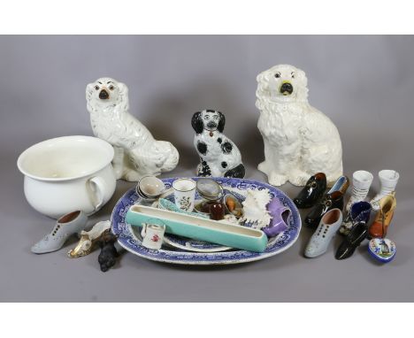 A collection of mixed pottery and china including model shoes, 1830s spill vase, Staffordshire spaniels and a Quimper flask.