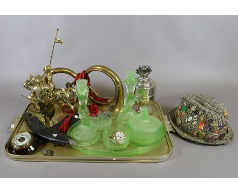 A tray of collectables brass models of Knights into battle, uranium glass dressing table set, silver plate oil lamp base, Ger