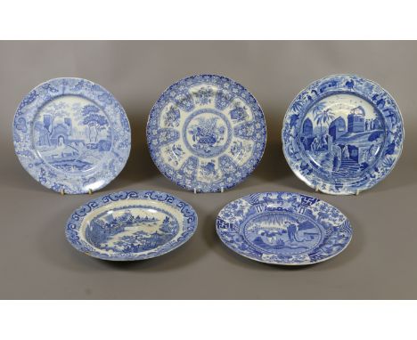 Four 19th century Spode plates and a soup dish. All printed in blue including the jumping boy pattern. 