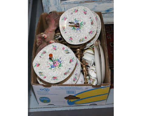 A box of miscellaneous ceramics Midwinter cake stands, figural candlestick, Wade figurine, Royal Albert tea wares and graduat