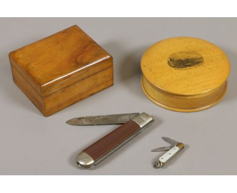 Two Mauchline ware boxes, one for Bridlington Richards of Sheffield folding pocket knife and a dual blade miniature pocket kn