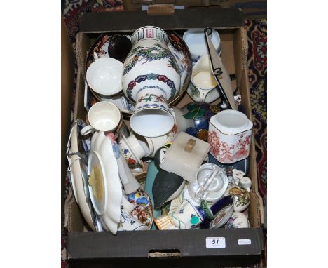 A box of C19th and C20th ceramics to include gilt decorated bowl, oriental style vase, figures, Midwinter cream jug etc.