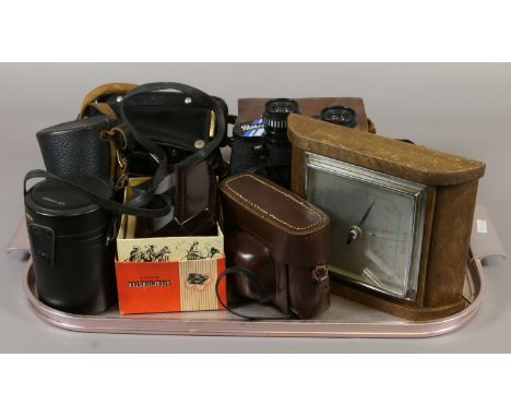 A tray of cameras including Canon and Ensign examples along with a Pathescope pair of binoculars.