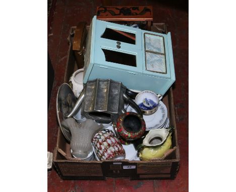 A box of ceramics to include Masons, Denby, Victorian pewter tea pot, Bavarian six place tea service items of art glass and a