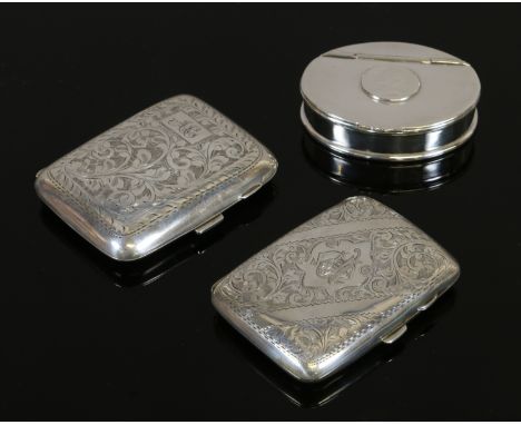 Two engraved silver cigarette cases assayed London 1923 and Birmingham 1908, 124 grams. Together with a white metal oval snuf