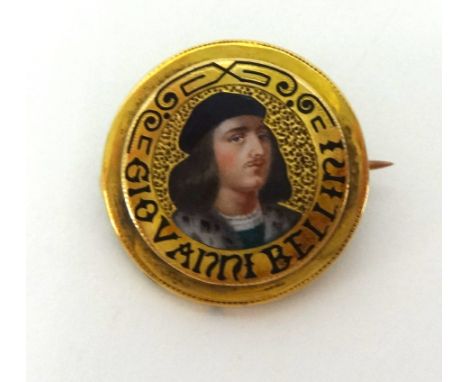 A small yellow metal antique brooch with enamel portrait, titled, Giovanni Bellini.
