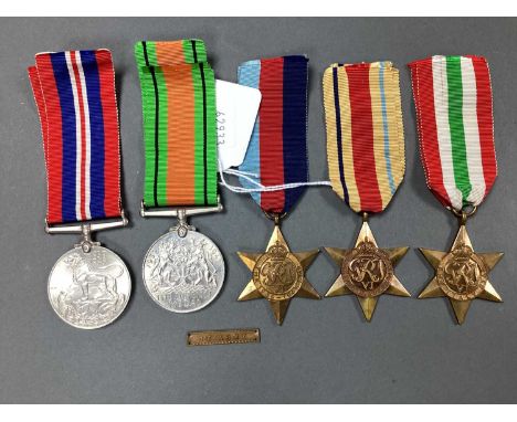 WWII British Medals, comprising 1939-1945 Star, Africa Star, with 1st Army bar, Italy Star, Defence Medal and War Medal 1939-