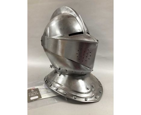 Reproduction XVI Century Close Helmet, includes separate visor and bevor, both hinged and can be raised and lowered, with adj