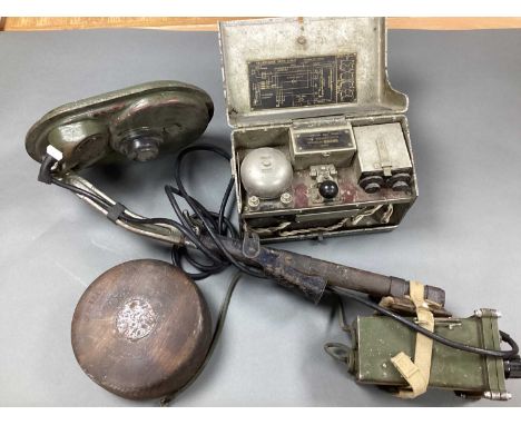 WWII British Army Drill Land Mine, impressed RCD 1940, field telephone set D MKV 1940 by Plessey &amp; No, 4C mine detector, 