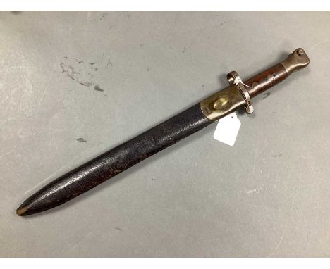 Boer War British Pattern 1888 Bayonet and Scabbard, with various marks to blade, including broad arrow, 'WD' and dated to yea