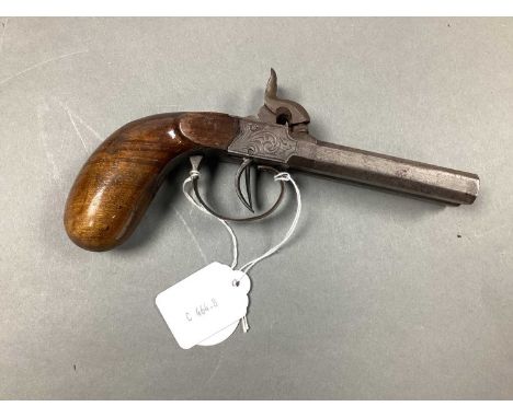 XIX Century Belgian Double Barrel Box Lock Percussion Pistol, ornate scrolls engraved on lock and trigger guard, (hammers do 