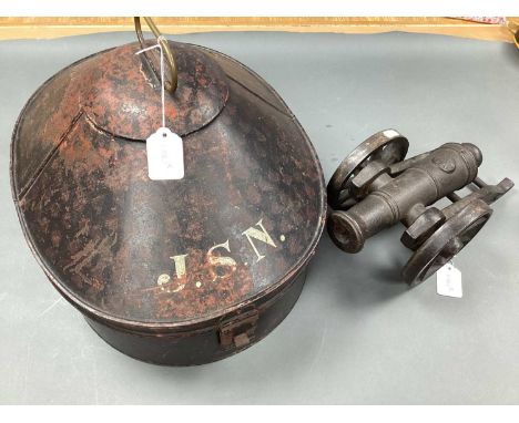 Vintage Cast Iron Mini XIX Century British Artillery Cannon and Carriage; Victorian hat box, hinged lid with initials J.S.N s