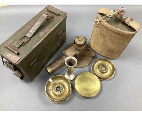 WWII British Anti-Aircraft Gun Sight, various stamps including 'Tel Elevation No 10 MK I' and year '1943', three trench art a