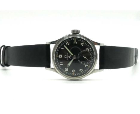 WWII British Army Dirty Dozen Omega Wristwatch, 'Omega' and broad arrow to dial. 'WWW' 'Y14629' '10678828' and arrow to back 