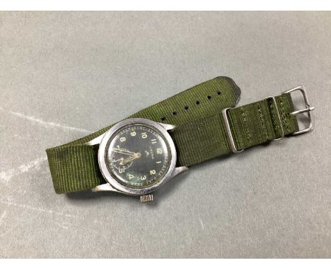 WWII British Army Dirty Dozen Lemania Wristwatch, 'Lemania' and broad arrow to dial, 'WWW', '? 1125' (small hole has removed 