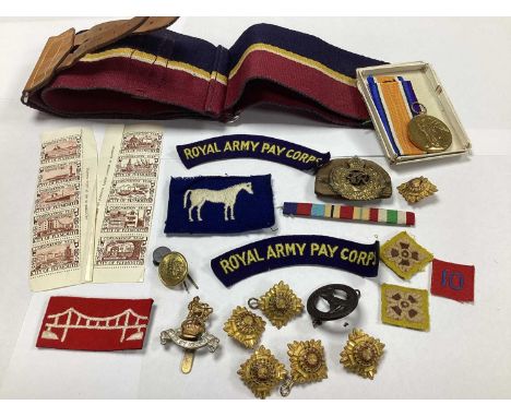 WWI Victory Medal Awarded to M2-101038 CPL A J Lilly ASC, with box, also Royal Army Pay Corps stable belt and other assorted 