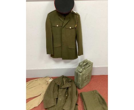 British Army Great Coat, No 2 dress jacket and trousers, shirt, other trousers, peaked cap and jerry can