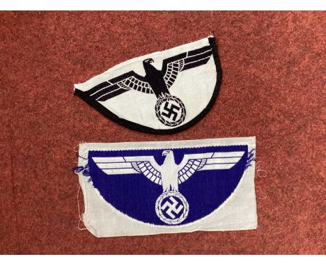 WWII German Third Reich Sports Vest Eagles, comprising uncut blue Kriegzsmarine sports vest eagle on white background, black 