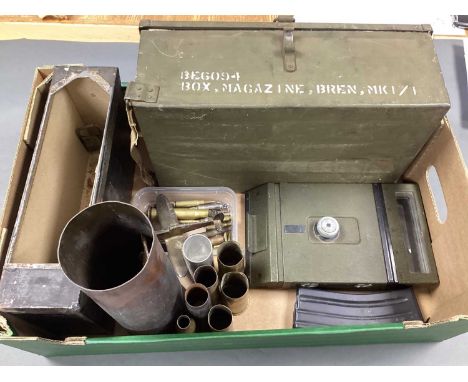 WWII United States M6 Tank Periscope, large and small arms calibre spent cartridges, SA80 magazine, Bren gun magazine box, ot