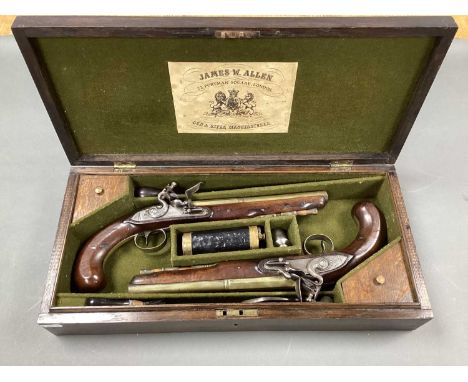 XIX CenturyPair of Similar English Flintlock Pistols by James W Allen, 22 Portman Square London, brass barrels marked with pr