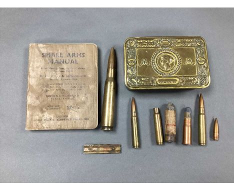 WWI Princess Mary 1914 Gift Fund Box, various inert ammunition and WWII small arms manual.